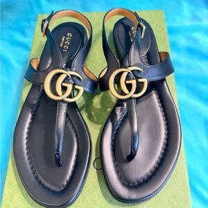 Gucci Black Leather Sandals with Gold GG Logo
